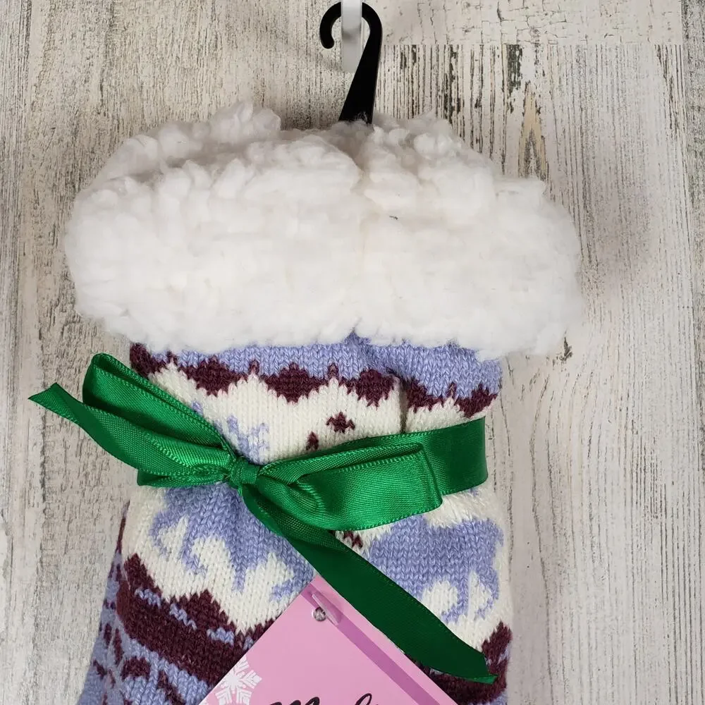 NWT Mari Clare Sherpa Lined Knit Winter Reindeer Design No-Slip Slipper Socks